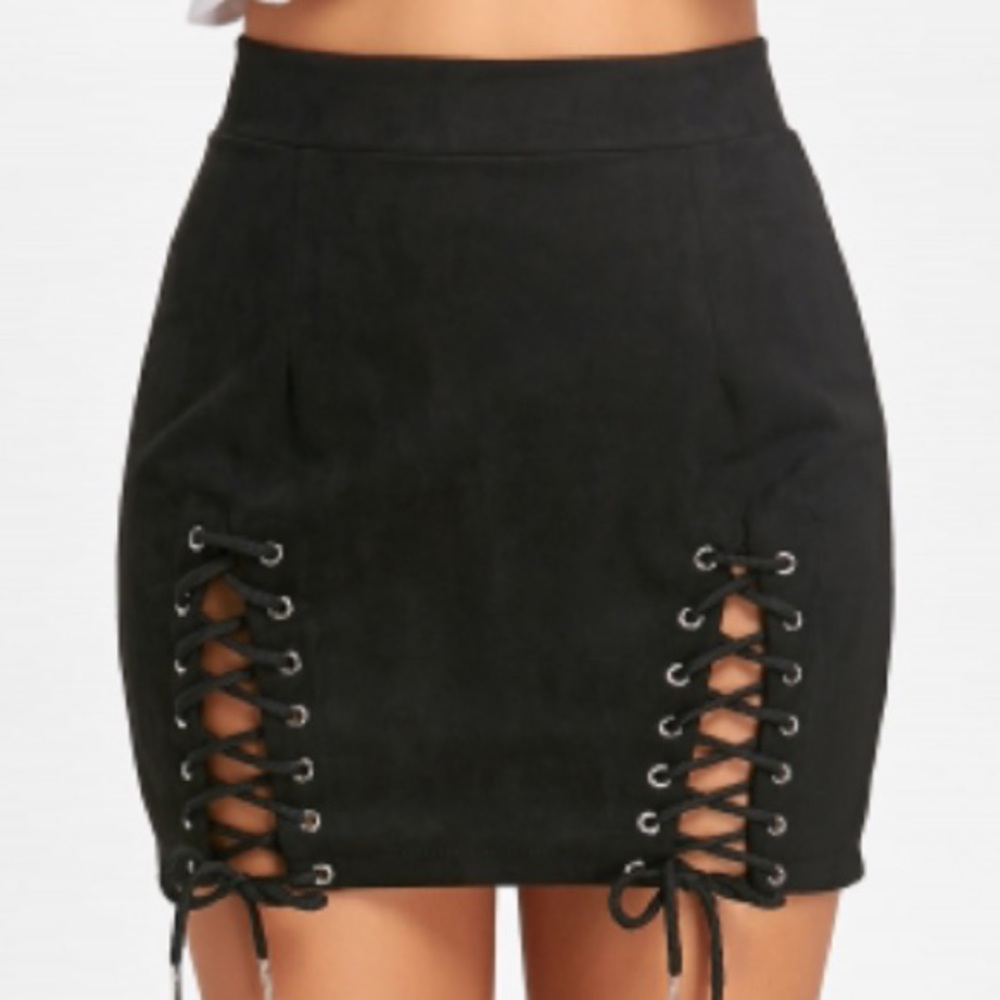 Vestidos Black Faux Suede Lace Up Mini Skirt